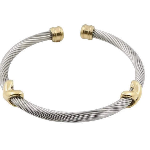 GOLD & SILVER PLATED TITANIUM STEEL ROPE CUFF BRACELETS WITH “X” DETAILS - Picture 6 of 12
